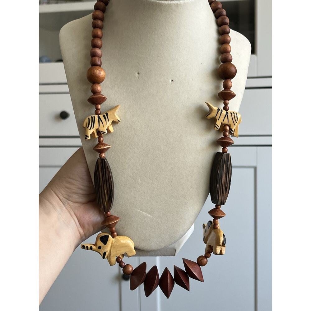 Large Carved Wood Bead Tribal Statement Necklace Zebra Elephant Fettish 24”